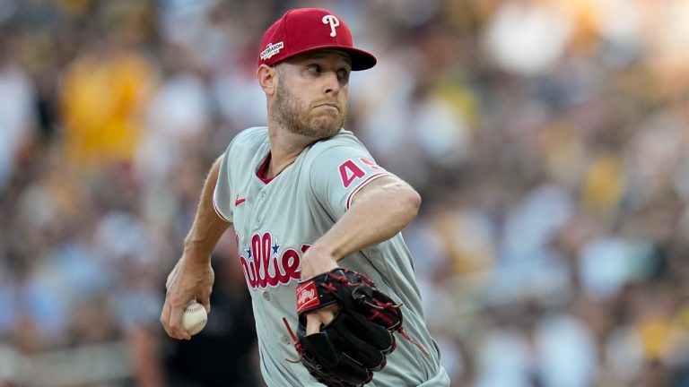 Philadelphia Phillies starting pitcher Zack Wheeler throws against the San Diego Padres during the first inning in Game 1 of the baseball NL Championship Series between the San Diego Padres and the Philadelphia Phillies on Tuesday, Oct. 18, 2022, in San Diego. (Gregory Bull/AP)