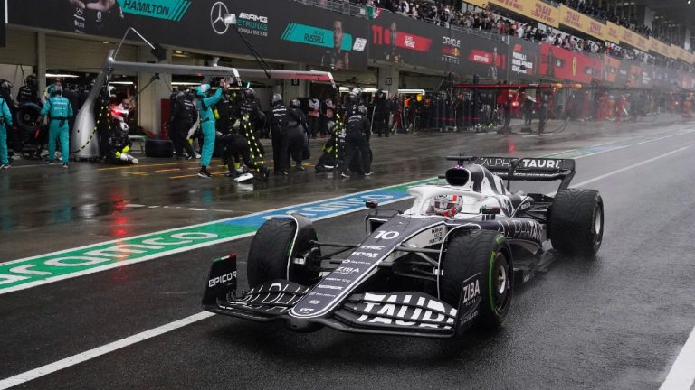 AlphaTauri driver Pierre Gasly of France powers his car in the pit lane during the Japanese Formula One Grand Prix at the Suzuka Circuit in Suzuka, central Japan, Sunday, Oct. 9, 2022. (Toru Hanai, Pool/AP)