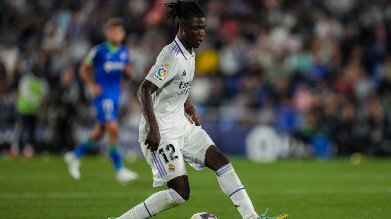 Real Madrid's Eduardo Camavinga runs with the ball during La Liga soccer match between Getafe and Real Madrid in Getafe, outskirts Madrid, Spain, Saturday, Oct. 8, 2022. (Bernat Armangue/AP)