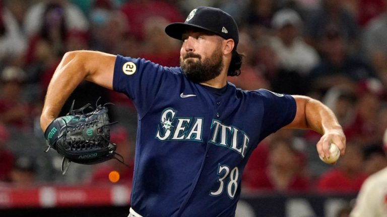 Seattle Mariners starting pitcher Robbie Ray throws to the plate during the second inning of a baseball game against the Los Angeles Angels Friday, Sept. 16, 2022, in Anaheim, Calif. (Mark J. Terrill/AP)