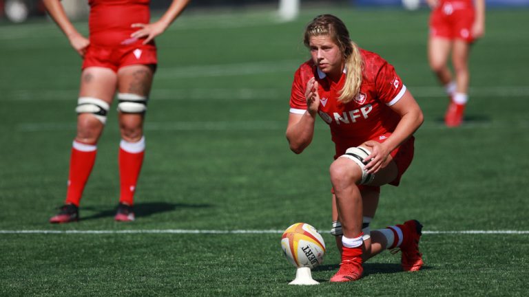 Team Canada’s Sophie de Goede lines up for a penalty kick against Team Italy during second half test match rugby action at Starlight Stadium in Langford, B.C., on Sunday, July 24, 2022. Victoria's de Goede will lead Canada at the Women's Rugby World Cup. (Chad Hipolito/CP)