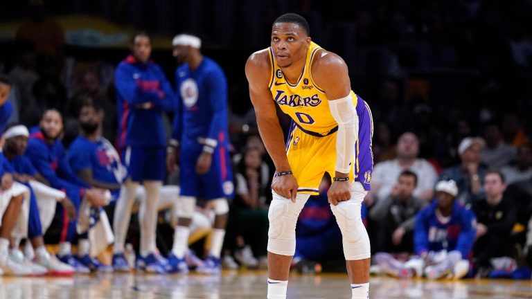 Los Angeles Lakers guard Russell Westbrook stands on the court during the second half of an NBA basketball game against the Los Angeles Clippers Thursday, Oct. 20, 2022, in Los Angeles. (Mark J. Terrill/AP)