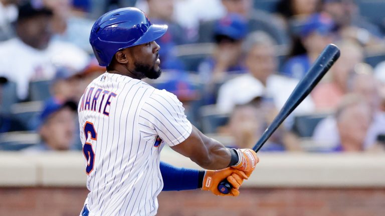 New York Mets' Starling Marte watches his RBI single against the Los Angeles Dodgers during the seventh inning of a baseball game Thursday, Sept. 1, 2022, in New York. (Adam Hunger/AP)