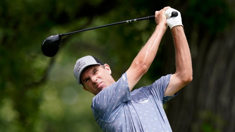 Steven Alker, of New Zealand, hits off the third tee during the final round of the PGA Tour Champions Principal Charity Classic golf tournament, Sunday, June 5, 2022, in Des Moines, Iowa. (Charlie Neibergall/AP)