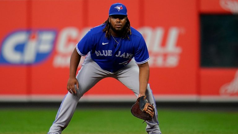 Toronto Blue Jays first baseman Vladimir Guerrero Jr. waits for a pitch to the Baltimore Orioles during the first inning of a baseball game, Wednesday, Sept. 7, 2022, in Baltimore. (Julio Cortez/AP)