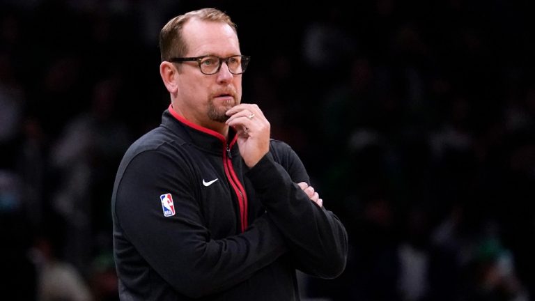 Toronto Raptors coach Nick Nurse watches play during the first half of the team's NBA preseason basketball game against the Boston Celtics, Wednesday, Oct. 5, 2022, in Boston. (Charles Krupa/AP)