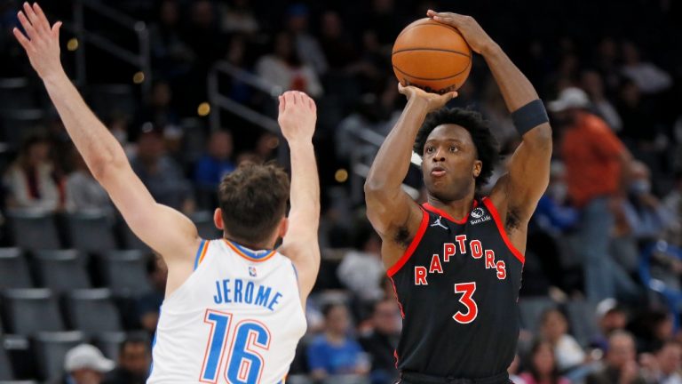 Toronto Raptors forward OG Anunoby (3) shoots over Oklahoma City Thunder guard Ty Jerome (16) in the first half of an NBA basketball game Wednesday, Feb. 9, 2022, in Oklahoma City. (Nate Billings/AP)