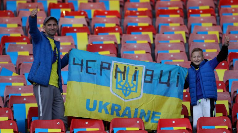 Ukrainian fans cheer prior to the star of the UEFA Nations League soccer match between Scotland and Ukraine, at Hampden Park, in Glasgow, Scotland, Wednesday, Sept. 21, 2022. (Scott Heppell/AP) 