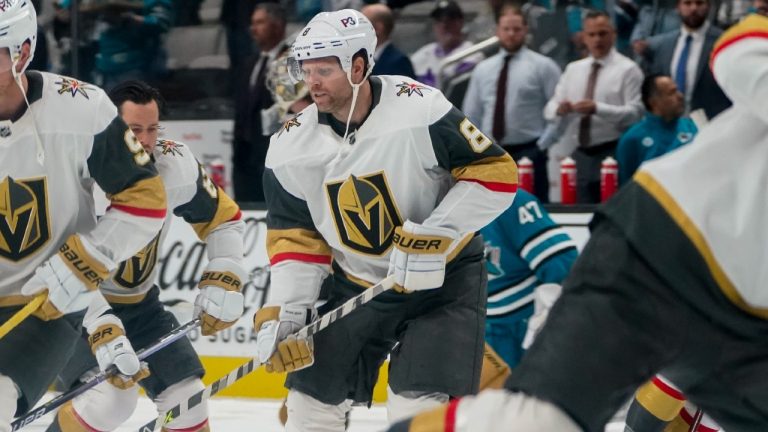 Vegas Golden Knights center Phil Kessel (8) and teammates warm up before an NHL hockey game against the San Jose Sharks in San Jose, Calif., Tuesday, Oct. 25, 2022. (Godofredo A. Vasquez/AP)