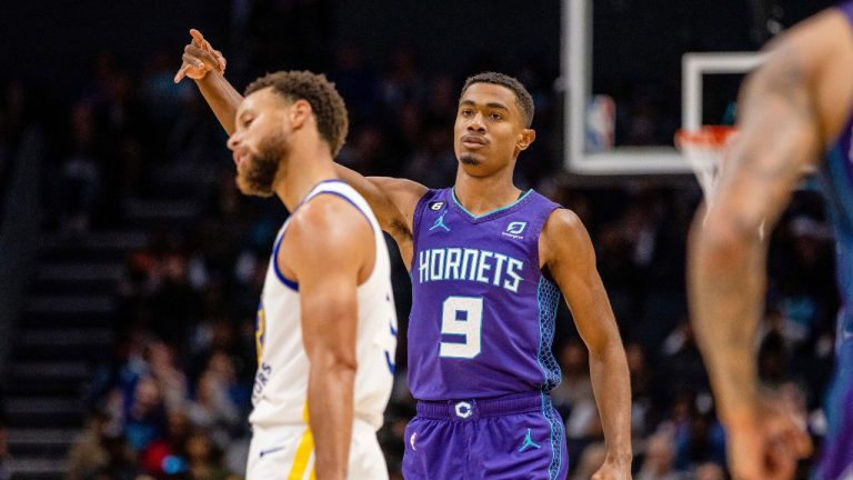 Charlotte Hornets guard Theo Maledon (9) celebrates after a three during the first half of an NBA basketball game on Saturday, Oct. 29, 2022, in Charlotte, N.C. (Scott Kinser/AP)