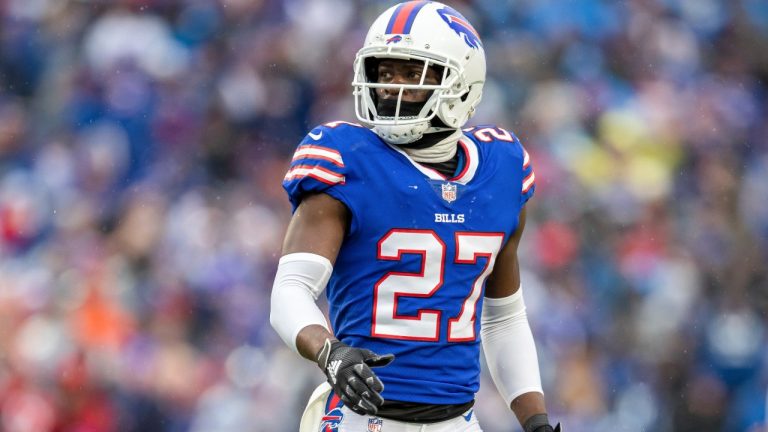 Buffalo Bills cornerback Tre'Davious White looks on during an NFL football game against the Indianapolis Colts on Nov. 21, 2021, in Orchard Park, NY. White will get at least another month to rehab from a left knee injury after being placed on the reserve-physically unable to perform list on Tuesday, Aug. 30, 2022. (AP Photo/Jeff Lewis, File)