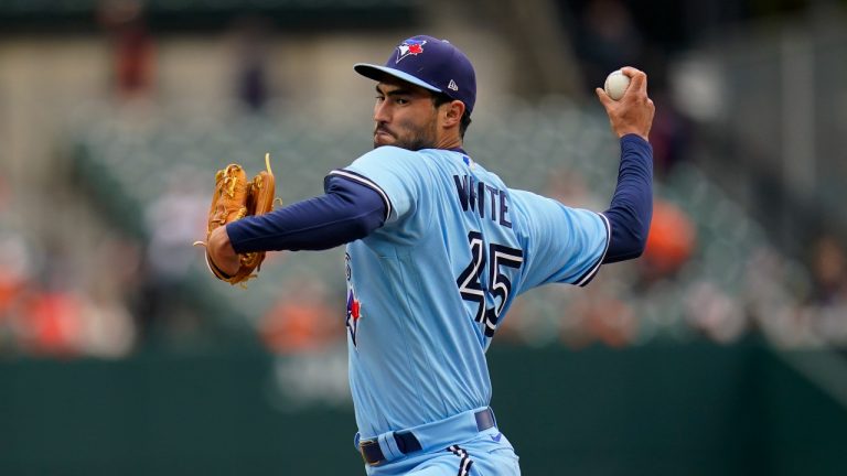 Toronto Blue Jays relief pitcher Mitch White throws a pitch to the Baltimore Orioles during the fifth inning of a baseball game, Wednesday, Oct. 5, 2022, in Baltimore. (Julio Cortez/AP Photo)