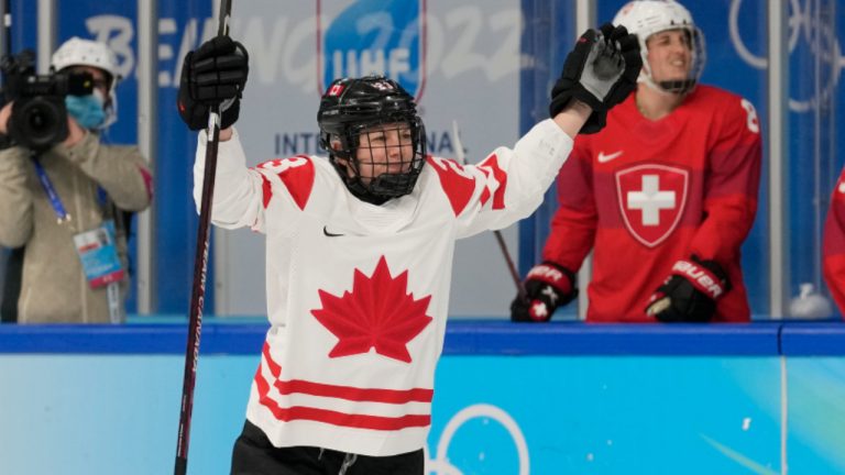 Canada's Erin Ambrose celebrates after scoring a goal against Switzerland during a women's semifinal hockey game at the 2022 Winter Olympics, Monday, Feb. 14, 2022, in Beijing. (Petr David Josek/AP) 