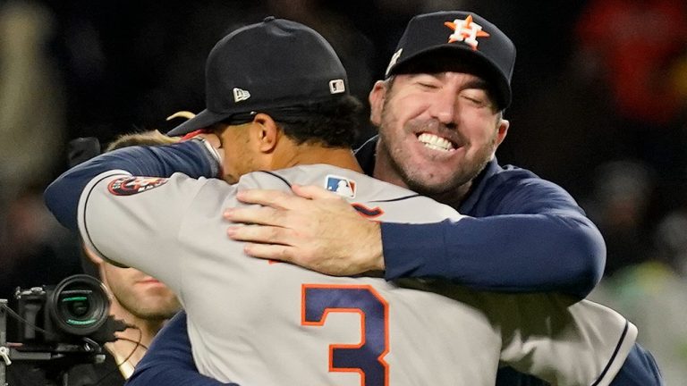 Houston Astros shortstop Jeremy Pena (3) celebrates with pitcher Justin Verlander after the Astros beat the New York Yankees 6-5 to win Game 4 and the American League Championship baseball series, Monday, Oct. 24, 2022, in New York. (AP Photo/Seth Wenig)