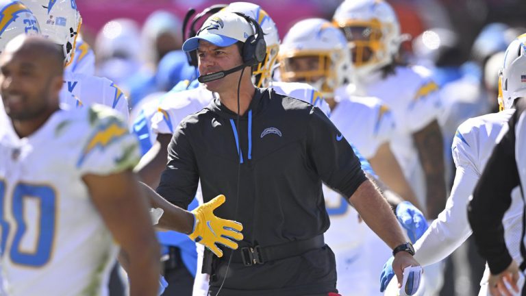 Los Angeles Chargers head coach Brandon Staley celebrates with the team after the they scored a touchdown against the Cleveland Browns during the first half of an NFL football game, Sunday, Oct. 9, 2022, in Cleveland. (David Richard/AP)