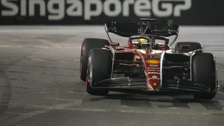 Ferrari driver Charles Leclerc of Monaco drives his car during practice session of the Singapore Formula One Grand Prix, at the Marina Bay City Circuit in Singapore, Friday, Sept. 30, 2022. (Vincent Thian/AP)