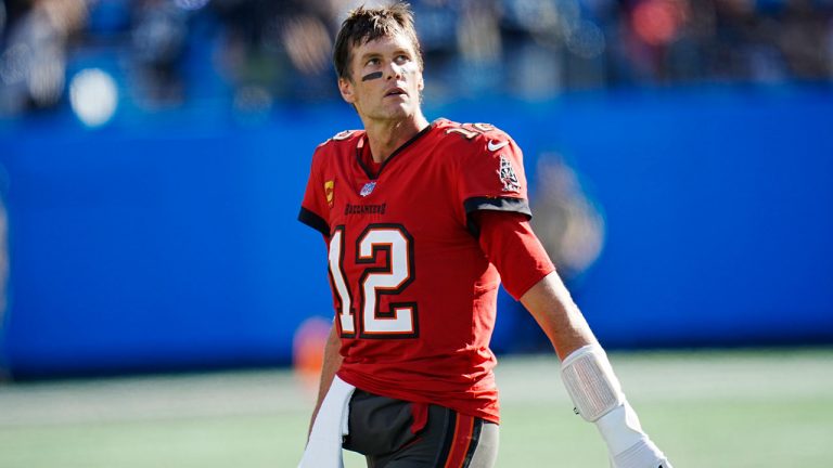 Tampa Bay Buccaneers quarterback Tom Brady looks at the scoreboard after failing to convert a fourth down play in the fourth quarter during the second half of an NFL football game against the Carolina Panthers. (AP)