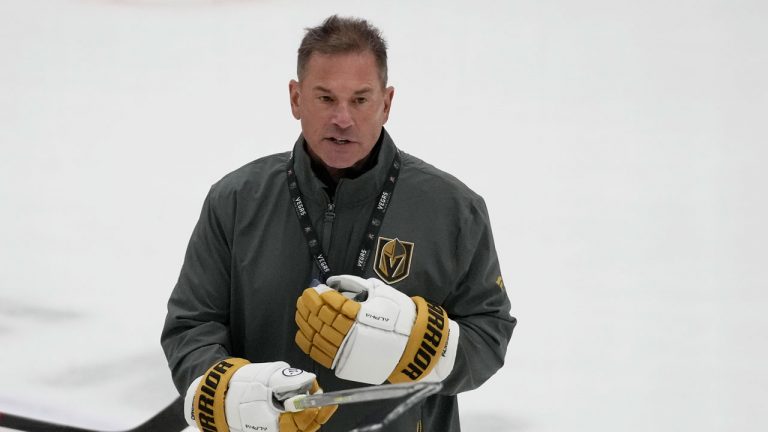 Vegas Golden Knights coach Bruce Cassidy motions during the team's NHL hockey practice. (John Locher/AP)