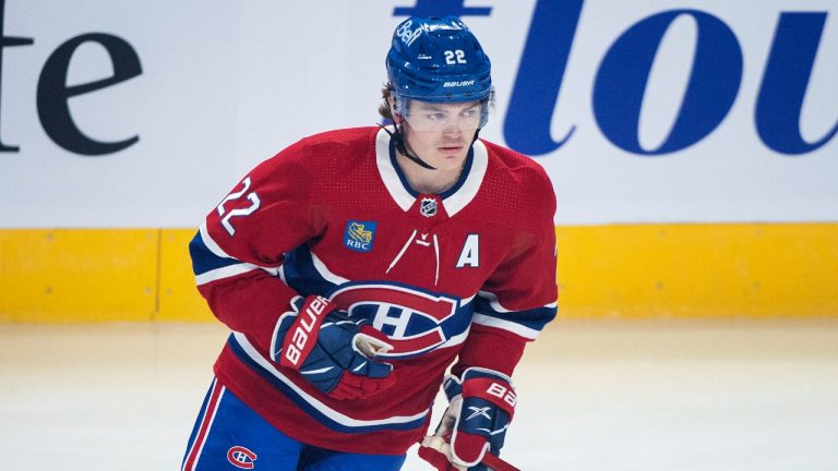 Montreal Canadiens right wing Cole Caufield skates prior to preseason NHL hockey game action against the New Jersey Devils in Montreal on Monday September 26, 2022. (Graham Hughes/CP)