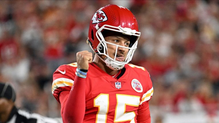 Kansas City Chiefs quarterback Patrick Mahomes (15) celebrates a touchdown during the first half of an NFL football game against the Tampa Bay Buccaneers. (Jason Behnken/AP)