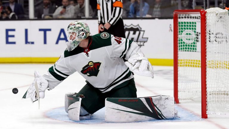 Minnesota Wild goaltender Devan Dubnyk (40) stops a shot against the Los Angeles Kings during the second period of an NHL hockey game Tuesday, Nov. 12, 2019, in Los Angeles. (Marcio Jose Sanchez/AP)