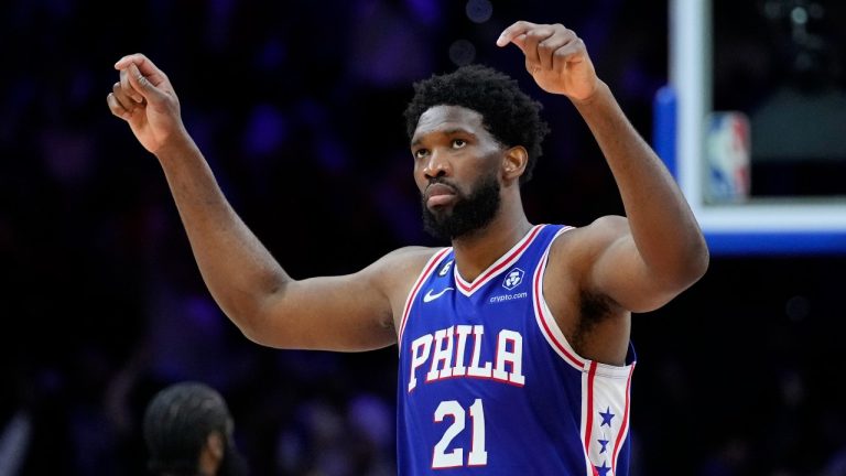 Philadelphia 76ers' Joel Embiid reacts during the second half of an NBA basketball game against the Indiana Pacers, Monday, Oct. 24, 2022, in Philadelphia. (AP Photo/Matt Slocum)