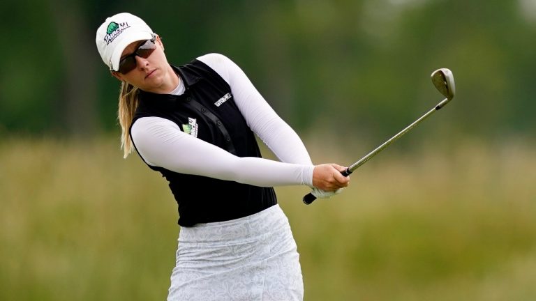 Jodi Ewart Shadoff, of England, hits on the ninth fairway during the second round of the ShopRite LPGA Classic golf tournament, Saturday, June 11, 2022, in Galloway, N.J.