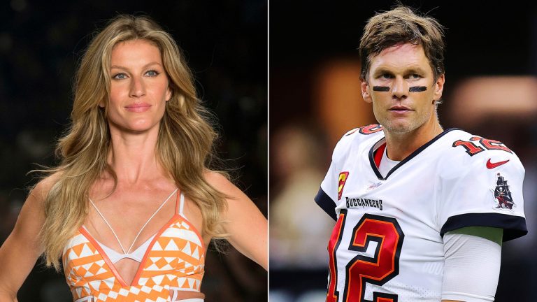 This combination of photos shows Brazilian supermodel Gisele Bundchen modeling the Colcci Summer collection at Sao Paulo Fashion Week in Sao Paulo, Brazil, on April 15, 2015, left, and Tampa Bay Buccaneers quarterback Tom Brady before an NFL football game against the New Orleans Saints, on Sept. 18, 2021, in New Orleans. The couple announced Friday they have finalized their divorce, ending the 13-year marriage. (Andre Penner, left, and Jonathan Bachman/AP) 