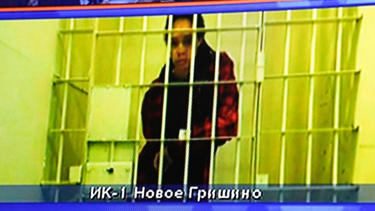 WNBA star and two-time Olympic gold medallist Brittney Griner is seen on the bottom part of a TV screen as she waits to appear in a video link provided by the Russian Federal Penitentiary Service a courtroom prior to a hearing at the Moscow Regional Court in Moscow, Russia, Tuesday, Oct. 25, 2022. A Russian court on Tuesday started hearing American basketball star Brittney Griner's appeal against her nine-year prison sentence for drug possession. (Alexander Zemlianichenko/AP) 