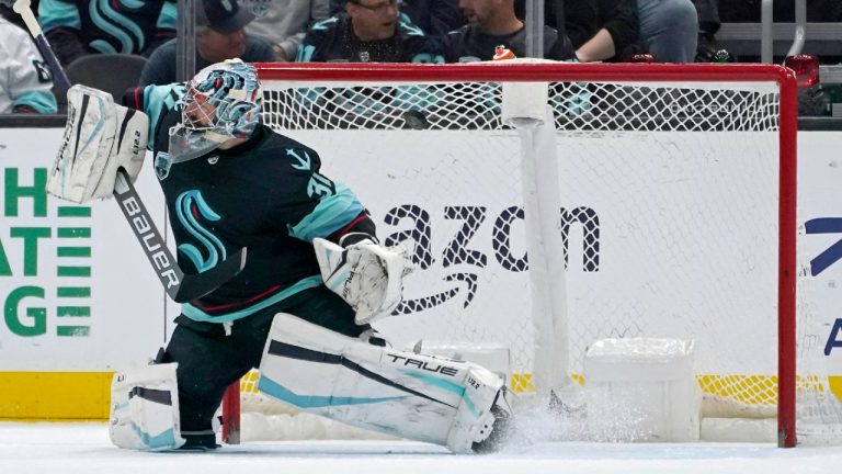 Seattle Kraken goaltender Philipp Grubauer can't stop a goal by Los Angeles Kings' Gabriel Vilardi during the second period of an NHL hockey game Wednesday, April 27, 2022, in Seattle. (Ted S. Warren/AP)