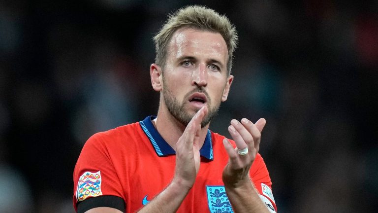 England's Harry Kane applauds after the UEFA Nations League soccer match between England and Germany at the Wembley Stadium in London, England, Monday, Sept. 26, 2022.