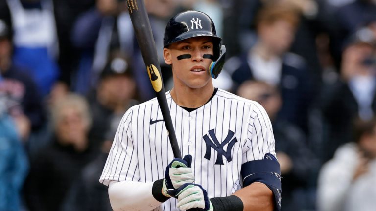 New York Yankees' Aaron Judge steps out of the batter's box during the second inning of a baseball game against the Baltimore Orioles on Saturday, Oct. 1, 2022, in New York. (Adam Hunger/AP) 