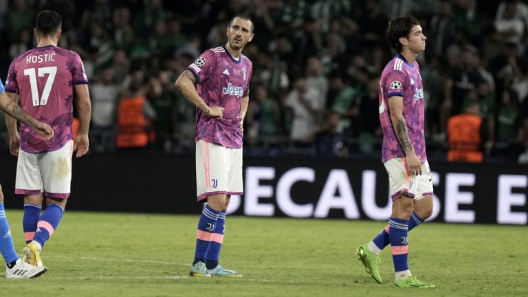 Juventus' Leonardo Bonucci, center, reacts after the Champions League soccer match between Maccabi Haifa and Juventus at Sammy Ofer stadium. (Ariel Schalit/AP)