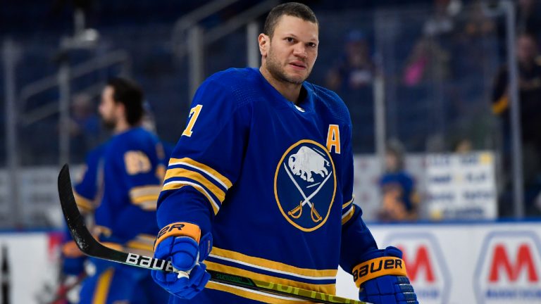 Buffalo Sabres right wing Kyle Okposo warms up before an NHL hockey game against the Winnipeg Jets in Buffalo, N.Y., Wednesday, March 30, 2022. (Adrian Kraus/AP)