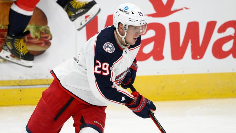 Columbus Blue Jackets left wing Patrik Laine skates with the puck during the third period of the team's preseason NHL hockey game against the Washington Capitals, Saturday, Oct. 8, 2022, in Washington. (Nick Wass/AP)