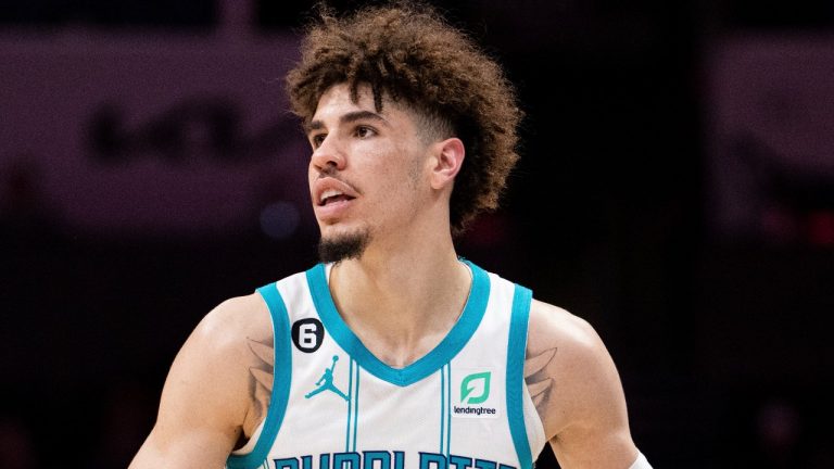 Charlotte Hornets guard LaMelo Ball brings the ball up court in the first half of an NBA preseason basketball game against the Washington Wizards in Charlotte, N.C., Monday, Oct. 10, 2022.