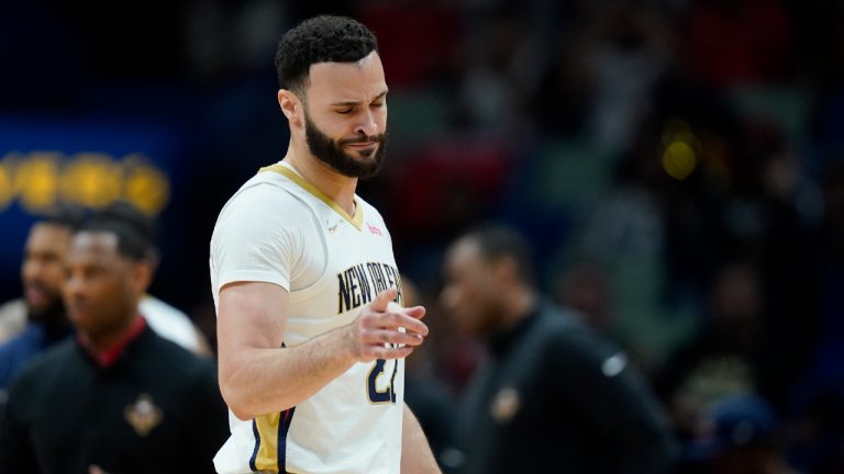 New Orleans Pelicans forward Larry Nance Jr. (22) reacts after scoring on a slam dunk in the first half of an NBA basketball game aPortland Trail Blazers in New Orleans, Thursday, April 7, 2022. (Gerald Herbert/AP)