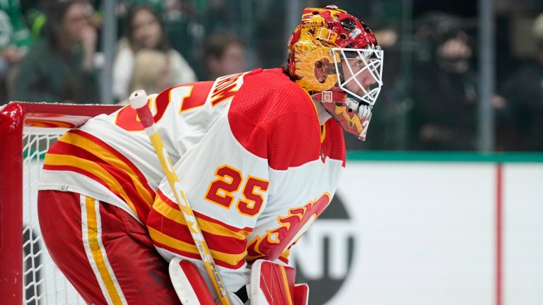 Calgary Flames goaltender Jacob Markstrom watches play against the Dallas Stars during the first period of Game 3 of an NHL hockey Stanley Cup first-round playoff series Saturday, May 7, 2022, in Dallas. (Tony Gutierrez/AP) 