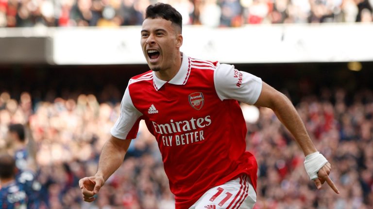 Arsenal's Gabriel Martinelli celebrates scoring the opening goal of the game during the English Premier League soccer match between, Arsenal and Nottingham Forrest at the Emirates stadium in London, Sunday, Oct. 30, 2022. (David Cliff/AP)