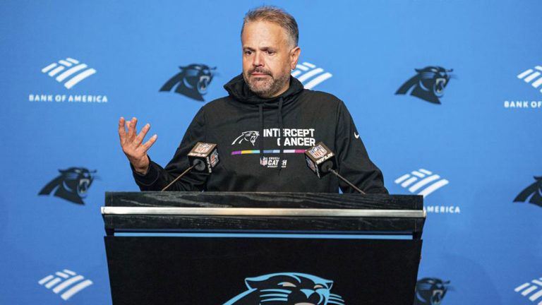 Carolina Panthers head coach Matt Rhule speaks during a news conference after their loss against the San Francisco 49ers. (Jacob Kupferman/AP)