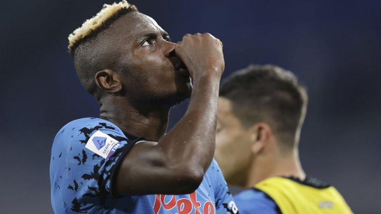 Napoli's Victor Osimhen celebrates after scoring his side's third goal during the Serie A soccer match between Napoli and Bologna, at the Diego Armando Maradona stadium. (Alessandro Garofalo/AP)