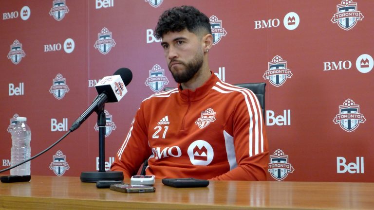 Toronto FC's Jonathan Osorio talks to media at an end-of-season availability in Toronto, Wednesday, Oct.12, 2022. (Neil Davidson/CP)