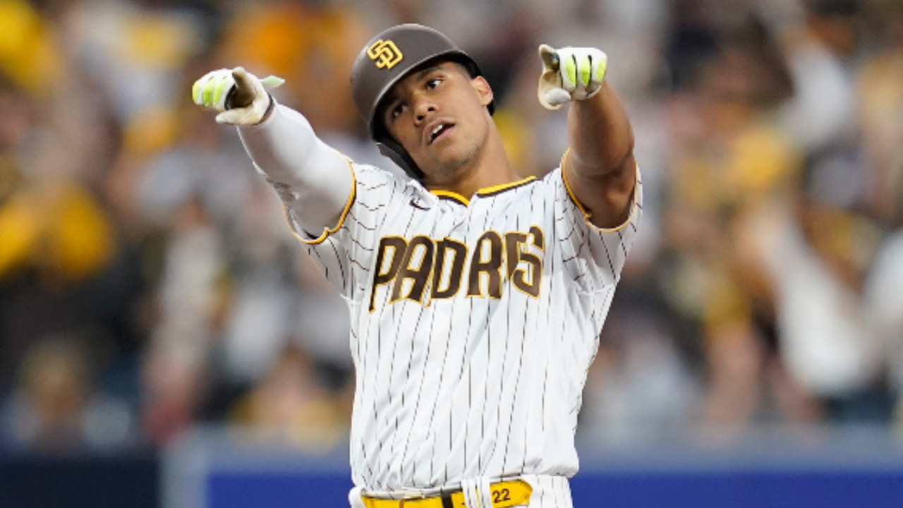 Juan Soto of the San Diego Padres reacts after an RBI double in