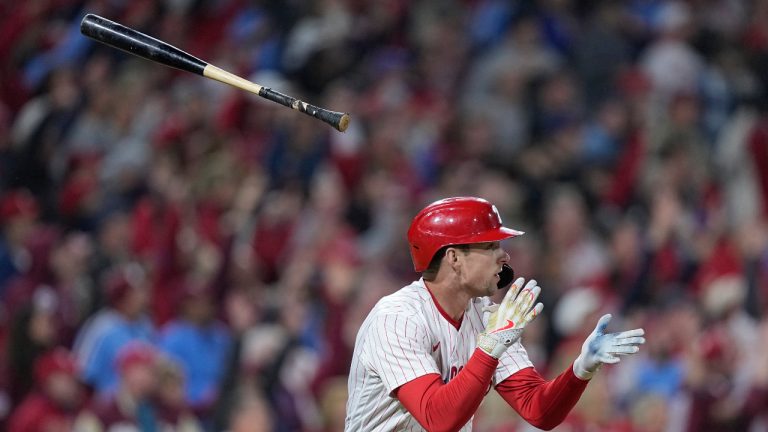 Philadelphia Phillies' Rhys Hoskins celebrates after a two-run home run during the fifth inning in Game 4 of the baseball NL Championship Series between the San Diego Padres and the Philadelphia Phillies on Saturday, Oct. 22, 2022, in Philadelphia. (Matt Rourke/AP) 