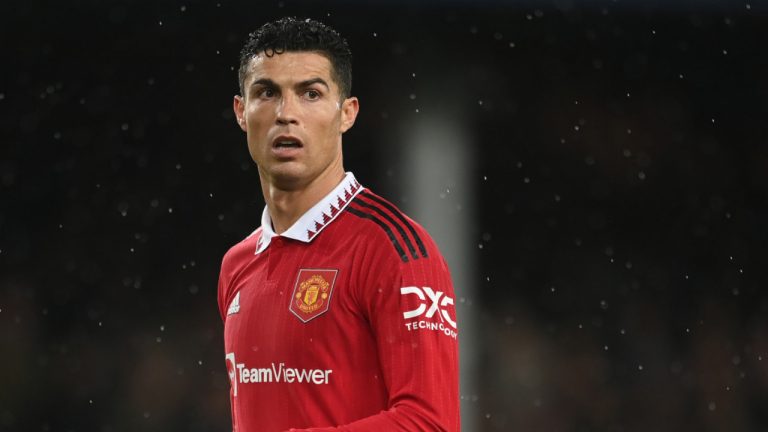 Cristiano Ronaldo of Manchester United in action during the Premier League match between Everton FC and Manchester United at Goodison Park on October 09, 2022 in Liverpool, England. (Michael Regan/Getty Images)