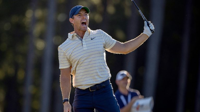 Rory McElroy, of Northern Ireland, reacts to his shot off the 17th tee during the third round of the CJ Cup golf tournament Saturday, Oct. 22, 2022, in Ridgeland, SC (Stephen B. Morton/AP)