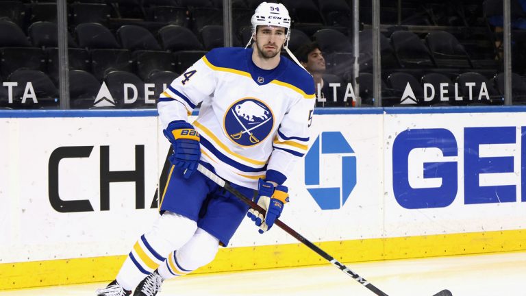 Buffalo Sabres' Mattias Samuelsson skates during warm-ups. (Bruce Bennett/AP)