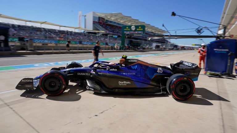 Williams test driver Logan Sargeant leaves the pits during the first practice session for the Formula One U.S. Grand Prix auto race at Circuit of the Americas, Friday, Oct. 21, 2022, in Austin, Texas. (Darron Cummings/AP)