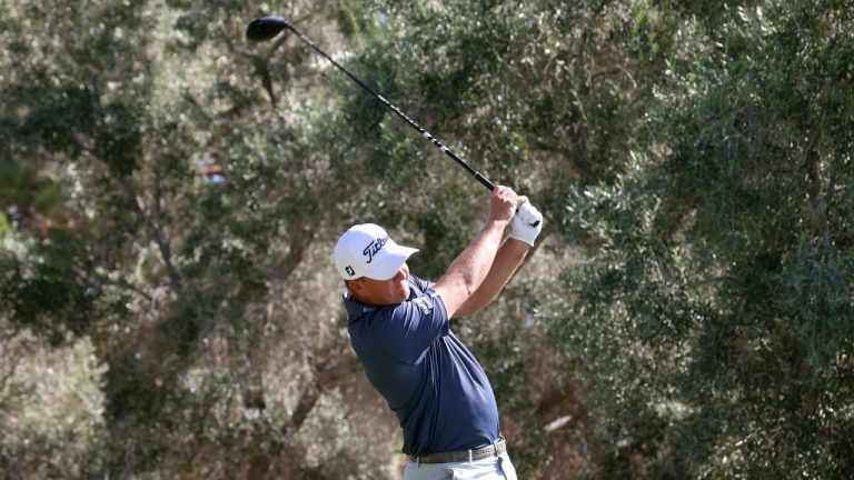 Tom Hoge tees off on the 13th hole during the first round of the Shriners Children's Open golf tournament at TPC Summerlin, Thursday, Oct. 6, 2022, in Las Vegas.