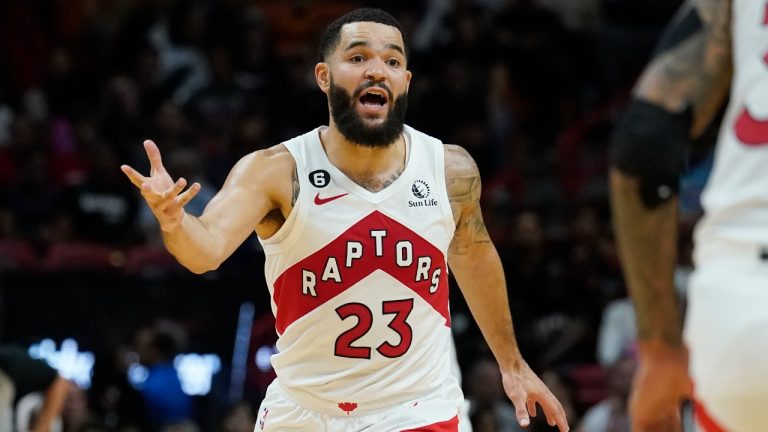 Toronto Raptors guard Fred VanVleet (23) gestures to his teammates during the final minutes of an NBA basketball game against the Miami Heat, Saturday, Oct. 22, 2022, in Miami. (Marta Lavandier/AP)